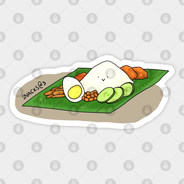 Nasi lemak on banana leaf Sticker by Snacks At 3